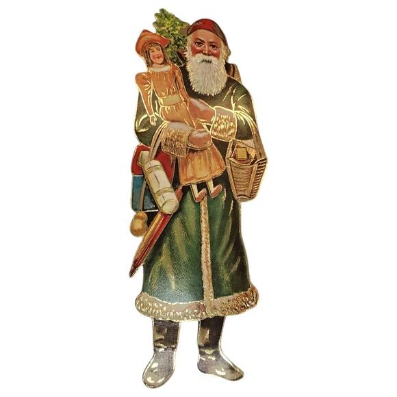 Original Victorian 14.5" Die-Cut Green Robe Santa Claus St Nick Father Christmas - Picture 10 of 10